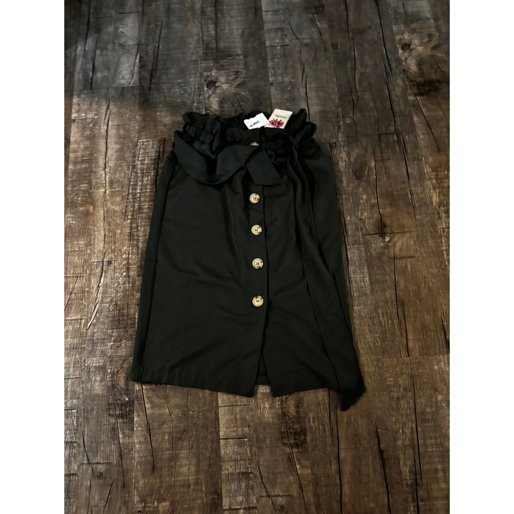 NWT Entro Button Midi Skirt Black Paperbag Waist Tie Size S